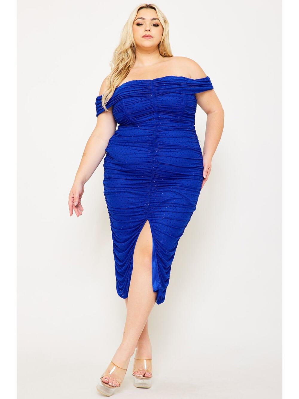 Rhinestone Detail Shirring Side Off-the-Shoulder Plus Size Bodycon Midi Dress